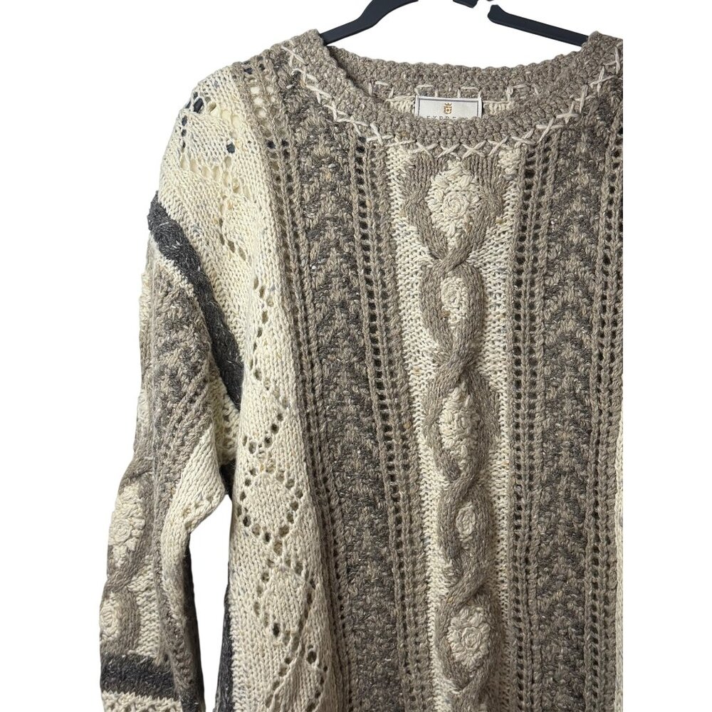 VTG Express Tricot Women's Large Cream Gray Chunky Knit Boho Cottagecore Sweater